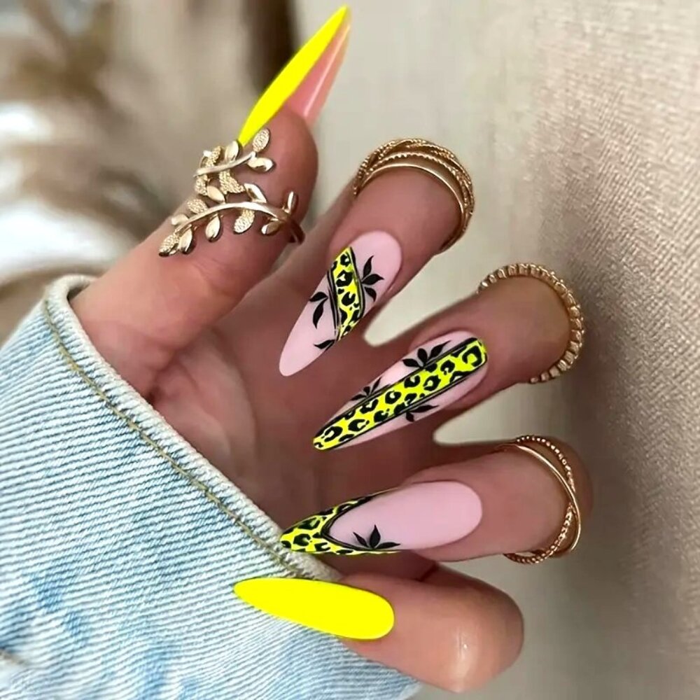 Nails Stiletto Fake Press On 24 Leopard Trendy Stylish Matte Sexy Glam Yellow